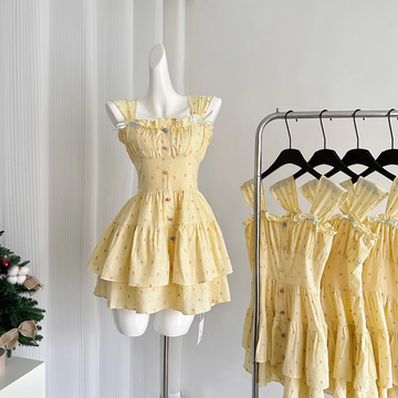 A line Strapless Sleeveless Yellow Floral Holiday Dresses Beach Dress Birthday Outfits SD289